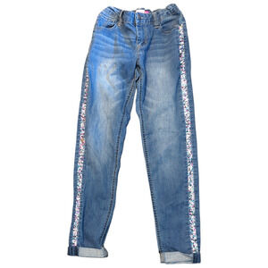 SO Blue Distressed Adjustable Denim Capri Pants with Side Sequin Stripe Girls 16